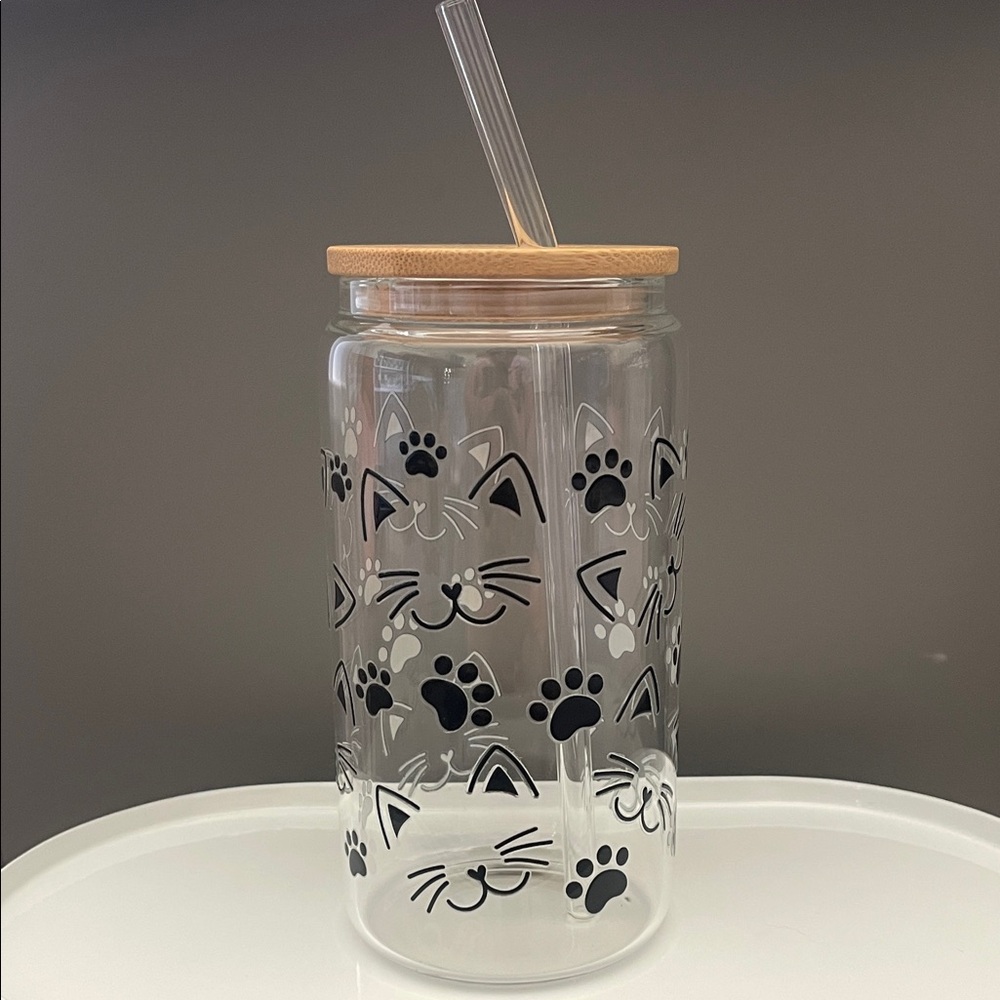 Cat-Themed Glass Tumbler with Straw